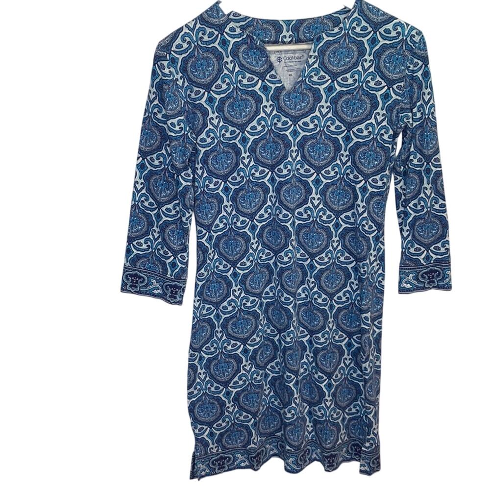 Coolibar Oceanside Tunic Blue White Dress UPF 50+ 3/4 Sleeve W-712 Size XS